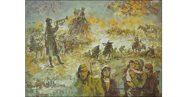Πίνακας Γιώργου Βακιρτζή – Πόλεμος του 40, 1985 (Μικτή τεχνική, 85×115 εκ., Εθνική Πινακοθήκη)